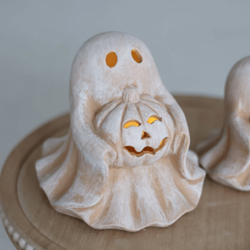 Set of 2 Terracotta Ghosts Holding Pumpkins for Halloween