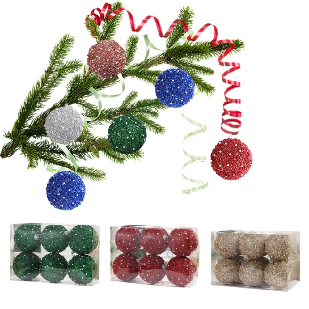 Set of 6 Multicoloured Christmas Glitter Ball Ornaments