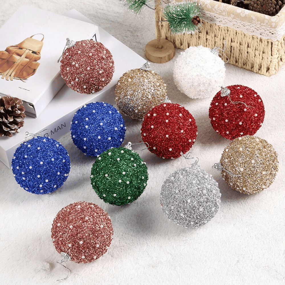 Set of 6 Multicoloured Christmas Glitter Ball Ornaments