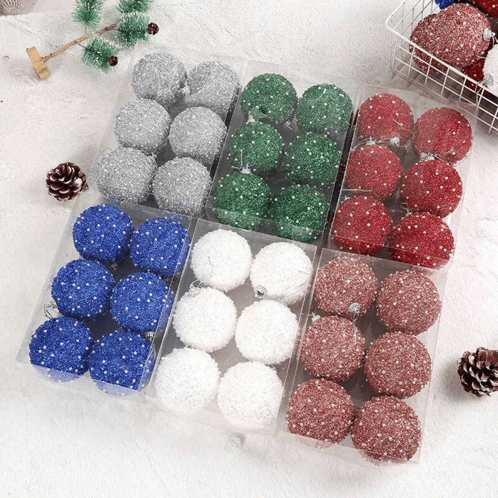 Set of 6 Multicoloured Christmas Glitter Ball Ornaments