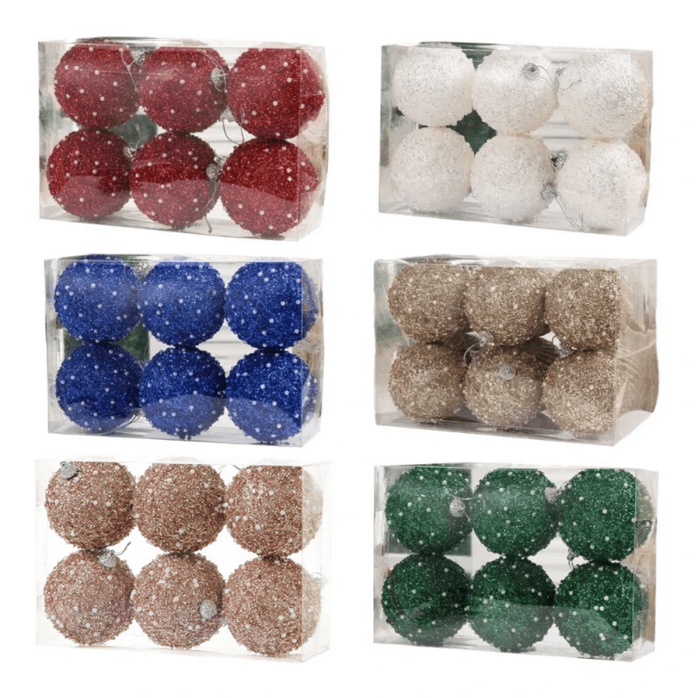 Set of 6 Multicoloured Christmas Glitter Ball Ornaments